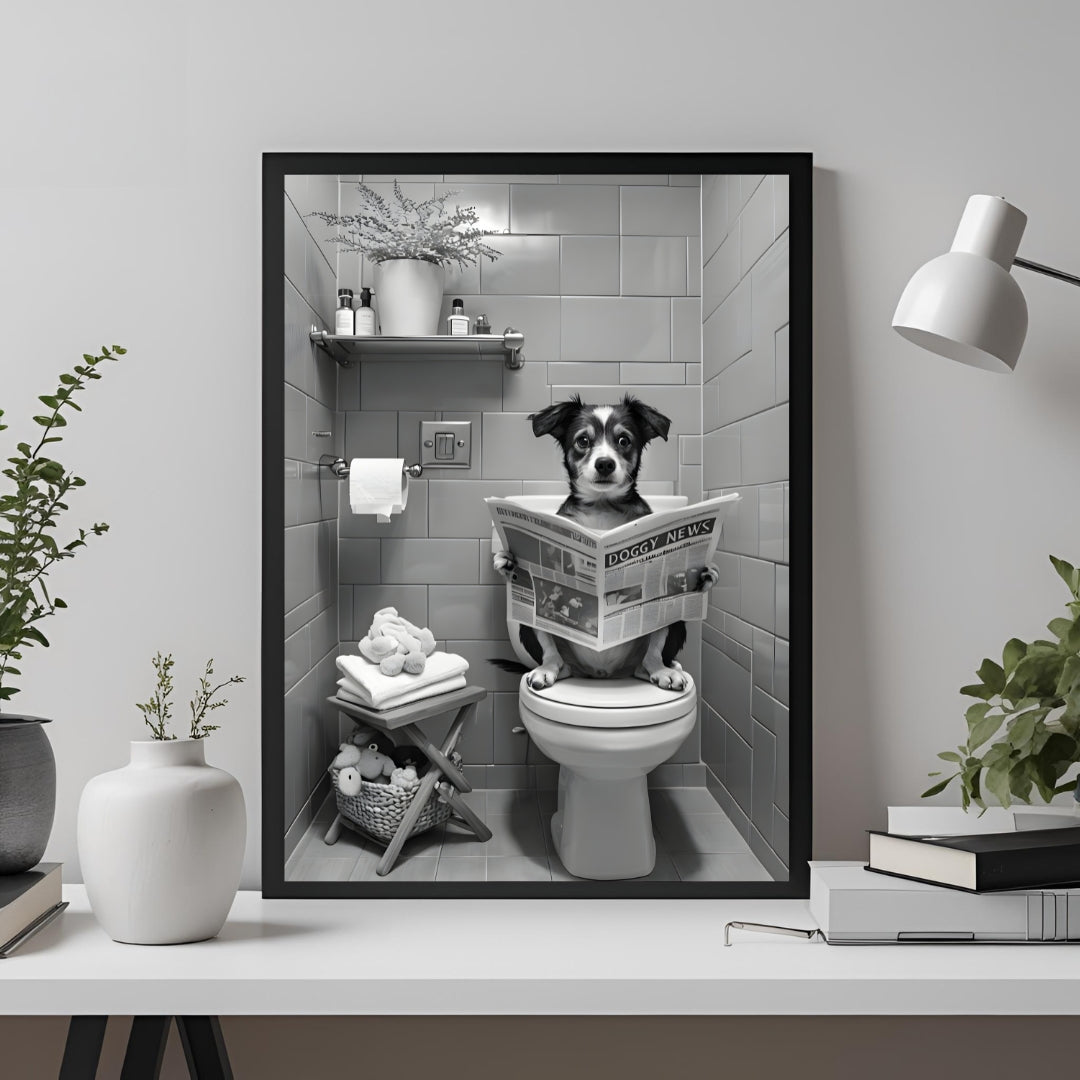 A simple image capturing a dog on a toilet, adding a guaranteed smile to your home decor.