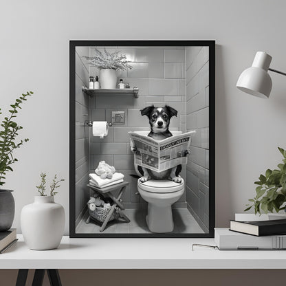 A simple image capturing a dog on a toilet, adding a guaranteed smile to your home decor.
