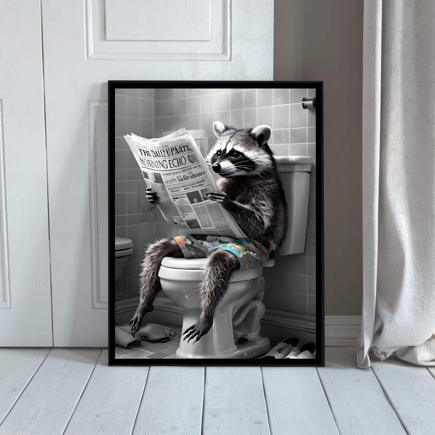 A close-up shot of the raccoon's face, showing its focused expression while reading.