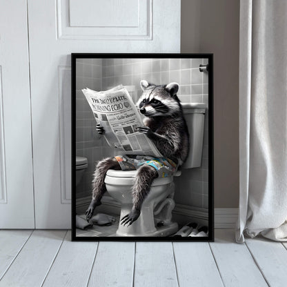 A close-up shot of the raccoon's face, showing its focused expression while reading.