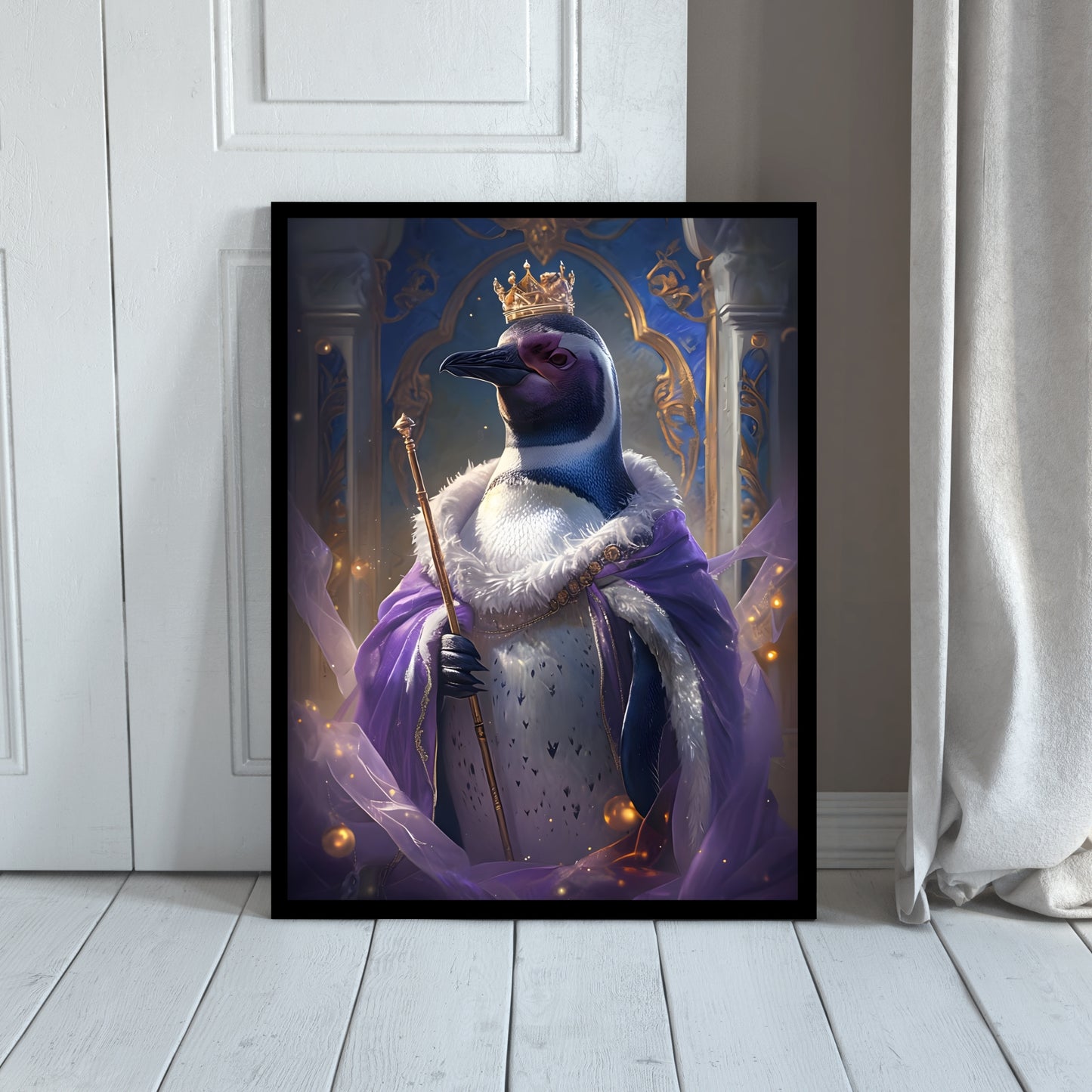 An angled shot of the framed penguin art, highlighting its elegant attire and sophisticated look.