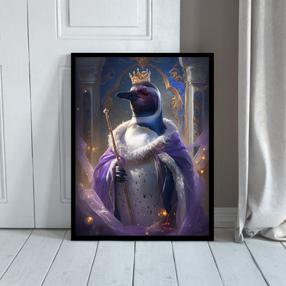 An angled shot of the framed penguin art, highlighting its elegant attire and sophisticated look.