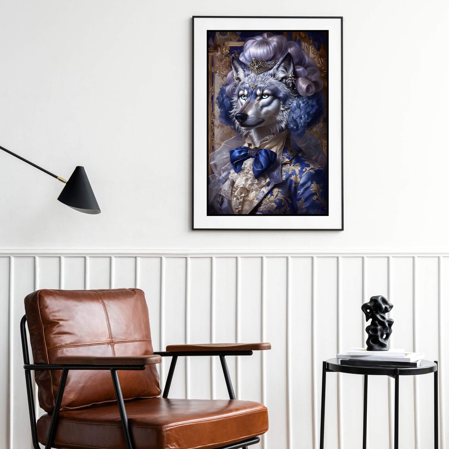 A stunning high-quality painting of a wolf with a powdered wig, blue velvet jacket, and elegant details.
