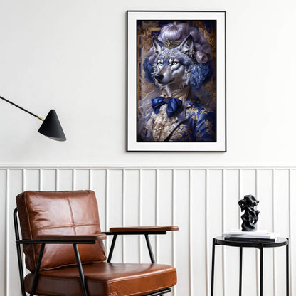 A stunning high-quality painting of a wolf with a powdered wig, blue velvet jacket, and elegant details.