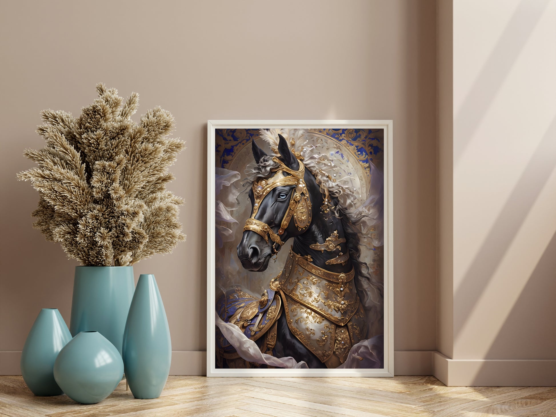 A majestic horse wearing ornate gold and blue armor, a fantasy art piece.

