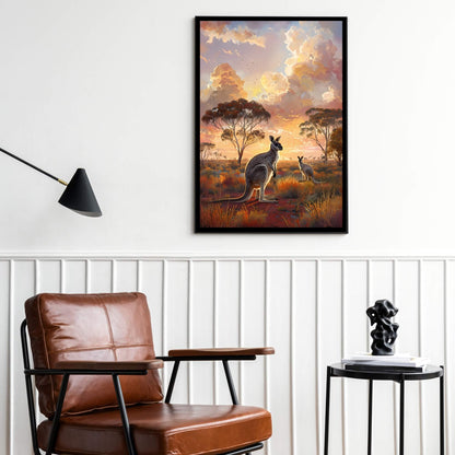 A full-view shot of the framed print, showing kangaroos bathed in warm, golden light with dramatic clouds.