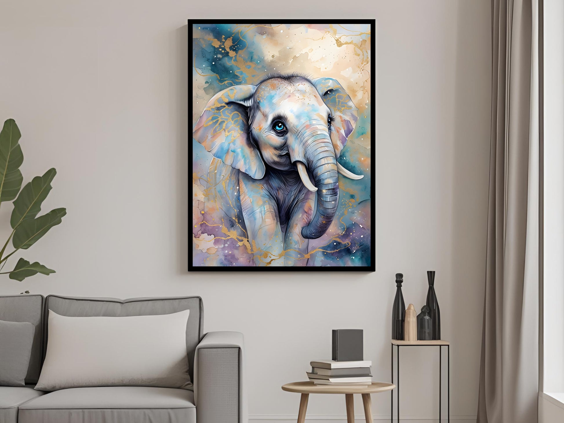 A framed print of an adorable baby elephant painted in vibrant, whimsical watercolor strokes.