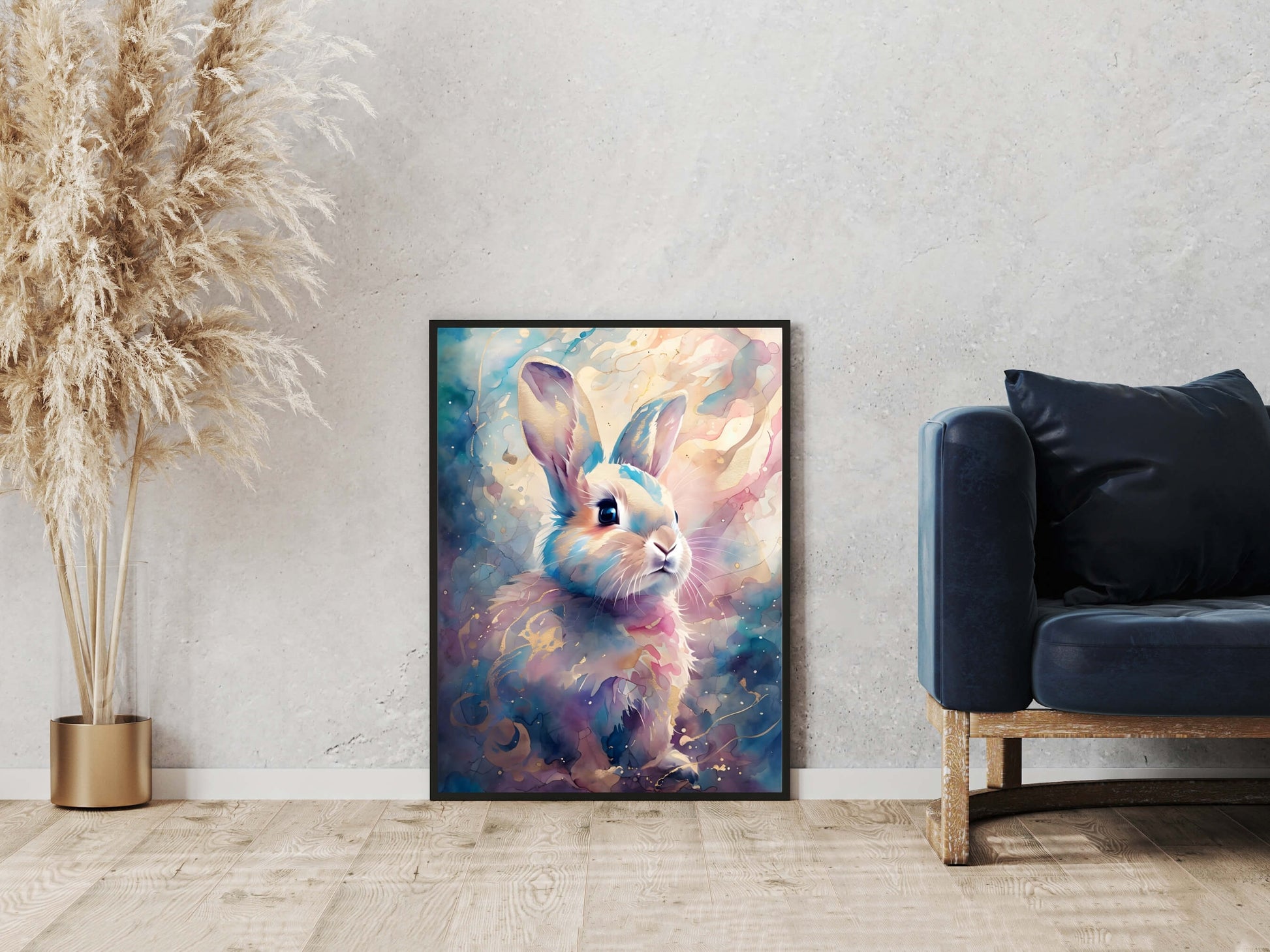 A vibrant and unique framed art print of a watercolor bunny, ideal for any animal lover or new parent.