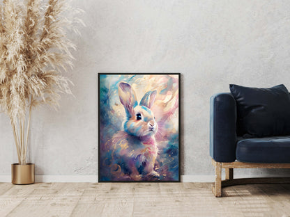 A vibrant and unique framed art print of a watercolor bunny, ideal for any animal lover or new parent.