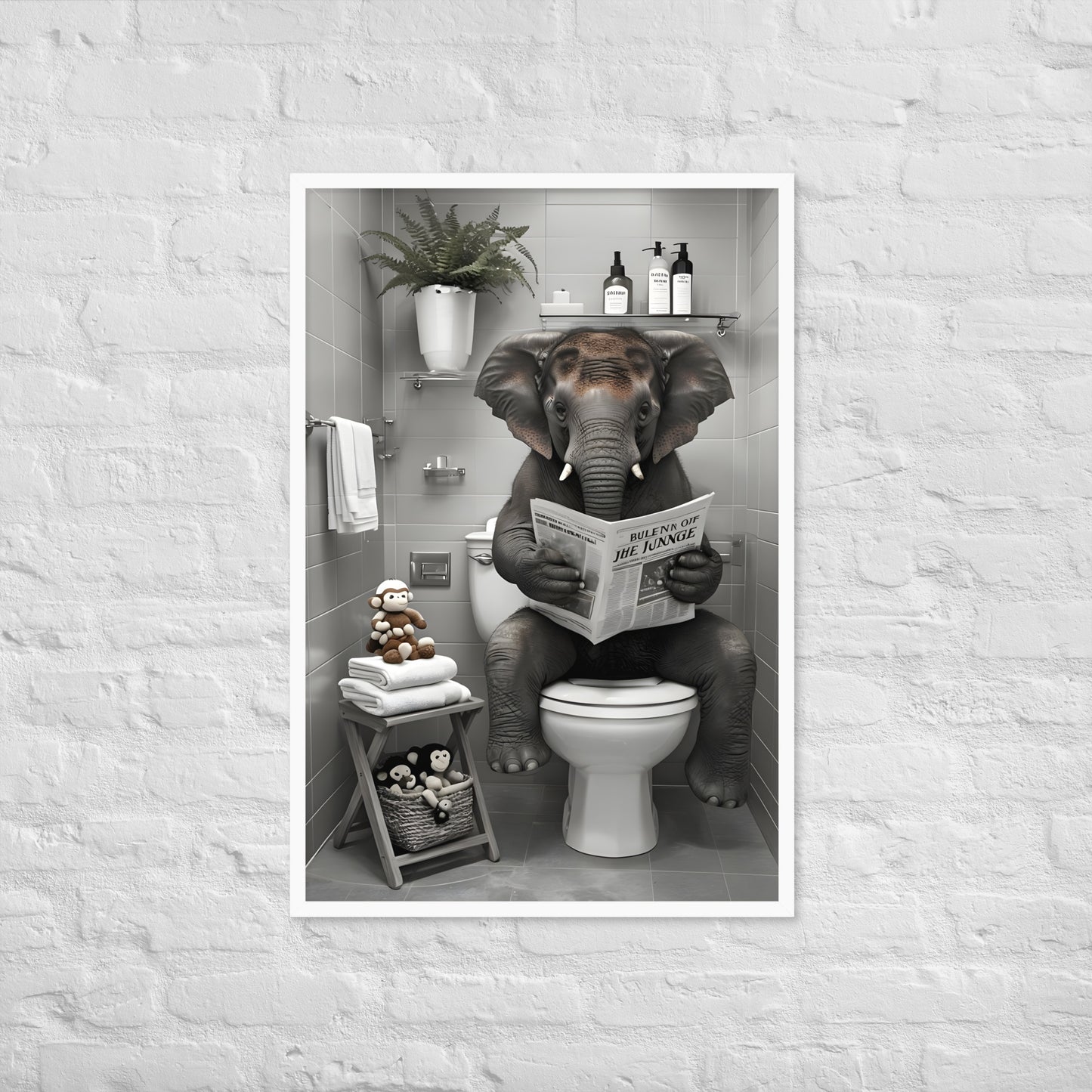 A framed art print of an elephant on a toilet, designed to add humor and personality to any bathroom space.