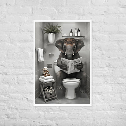 A framed art print of an elephant on a toilet, designed to add humor and personality to any bathroom space.