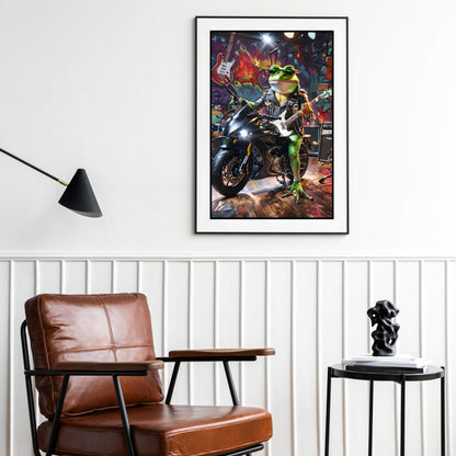 A high-quality painting of a frog playing a guitar on a motorcycle with a vibrant background.