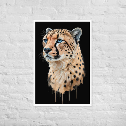 A full view of the framed art, showing the cheetah's gold and amber tones against the dark background.