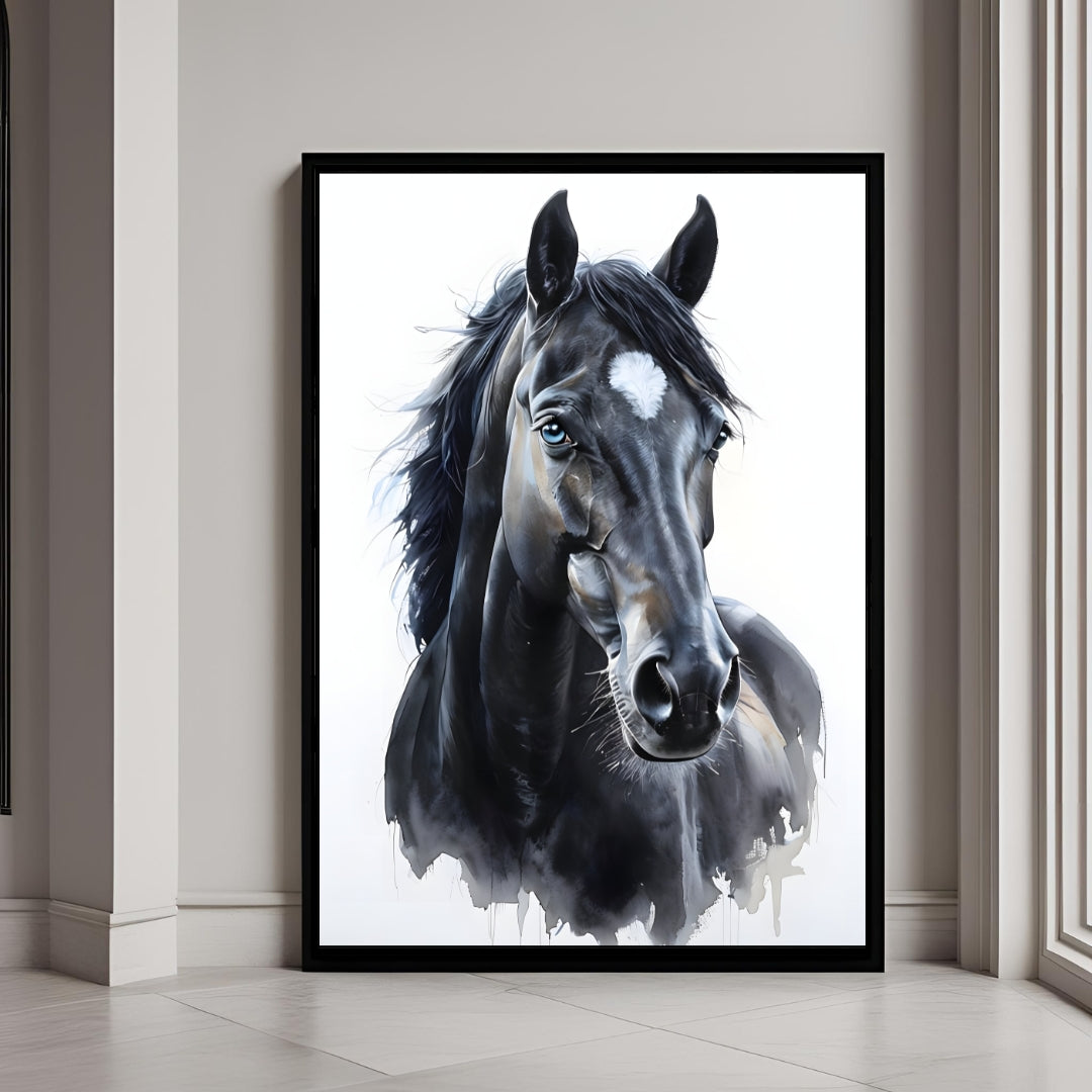 A stunning watercolor portrait of a black horse.


