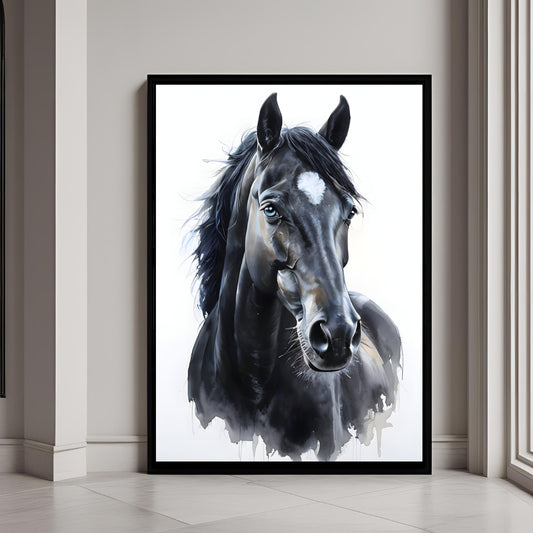 A stunning watercolor portrait of a black horse.

