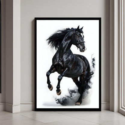 A black horse with a plume of dark smoke, a dramatic animal art print.

