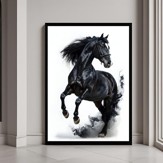 A black horse with a plume of dark smoke, a dramatic animal art print.

