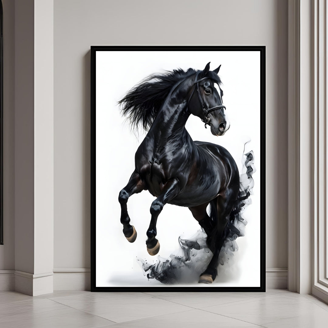 Majestic black horse wall art in a premium framed print for modern