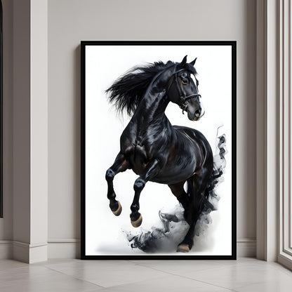 Majestic black horse wall art in a premium framed print for modern