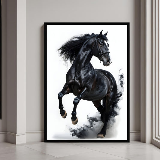 Majestic black horse wall art in a premium framed print for modern