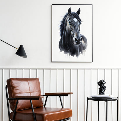 A black stallion with a white blaze and striking blue eyes.

