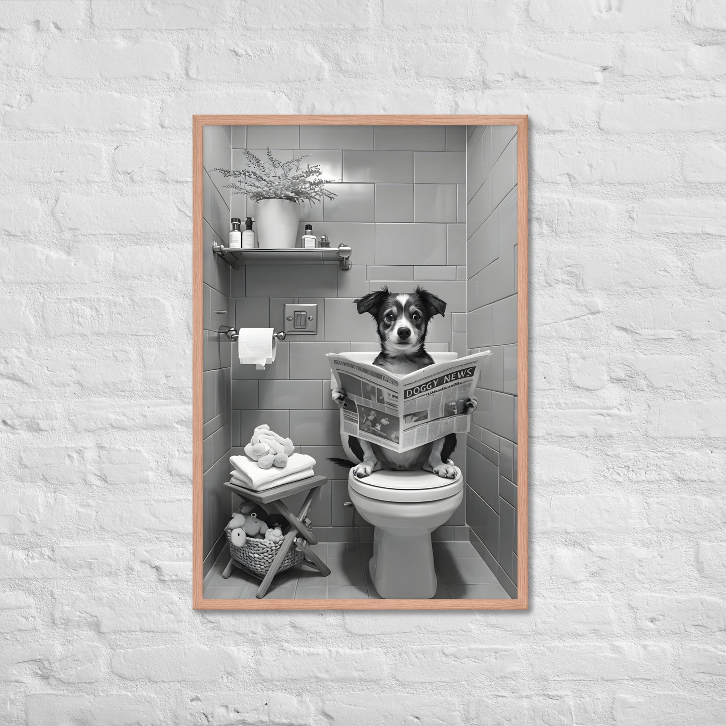 A detailed view emphasizing the humorous "DOGGY NEWS" newspaper and the dog's intent focus while reading.