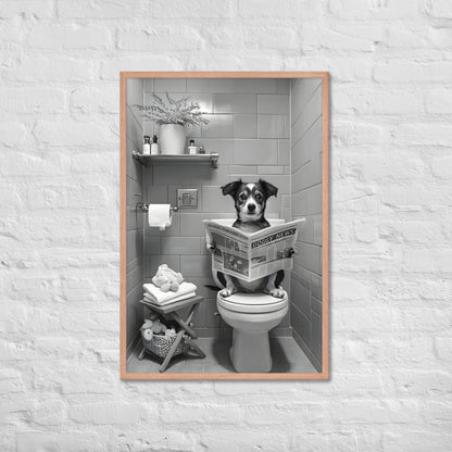 A detailed view emphasizing the humorous "DOGGY NEWS" newspaper and the dog's intent focus while reading.