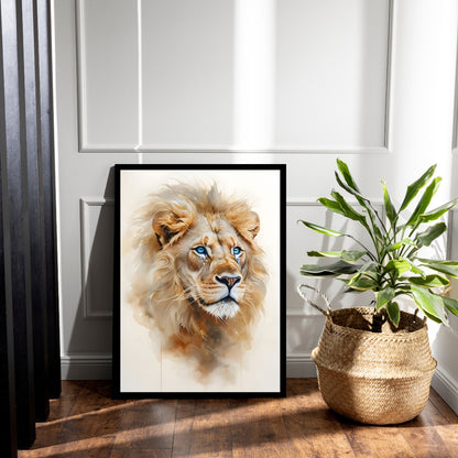 An angled shot of the framed art, emphasizing the unique, piercing blue eyes and subtle sparkle details.