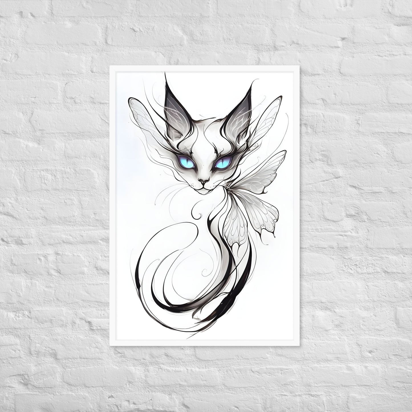 A detailed view of the cat's upper body, emphasizing its piercing blue eyes and elegant features.