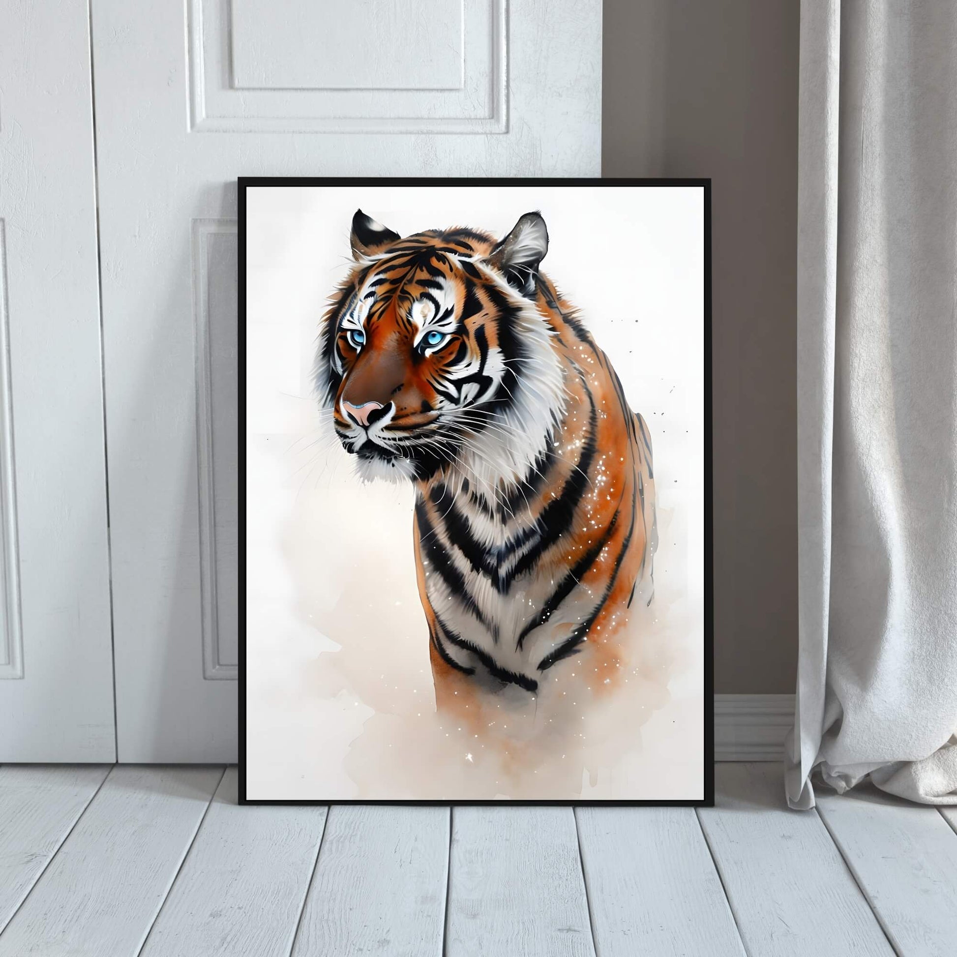 A full-view shot of the framed tiger print, showing the captivating blue eyes and intricate stripes.