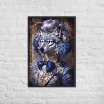 A vibrant and elegant framed art print of a wolf, perfect for adding a touch of sophisticated fantasy to your home.