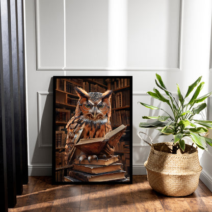 An angled shot of the framed art, highlighting the warm tones and intricate details of the owl and books.