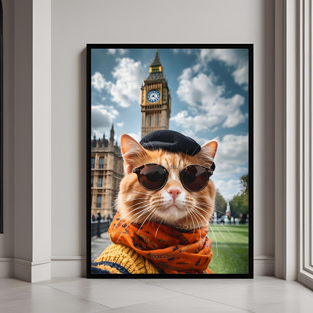 A funny framed art print of a cat wearing a stylish hat and scarf, taking a selfie in London.