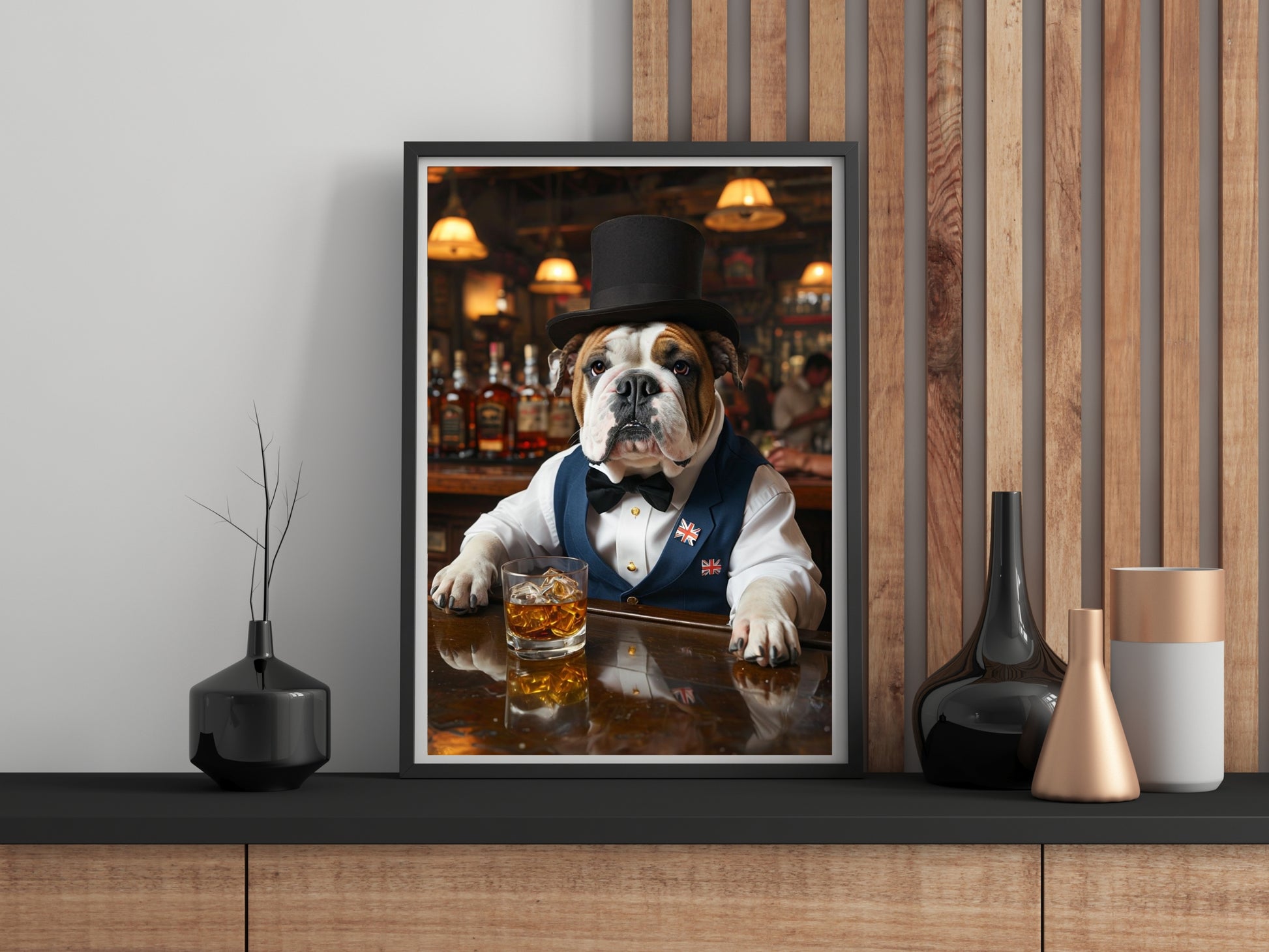 Framed picture of a dog in a suit at a bar with drinks on a wall.