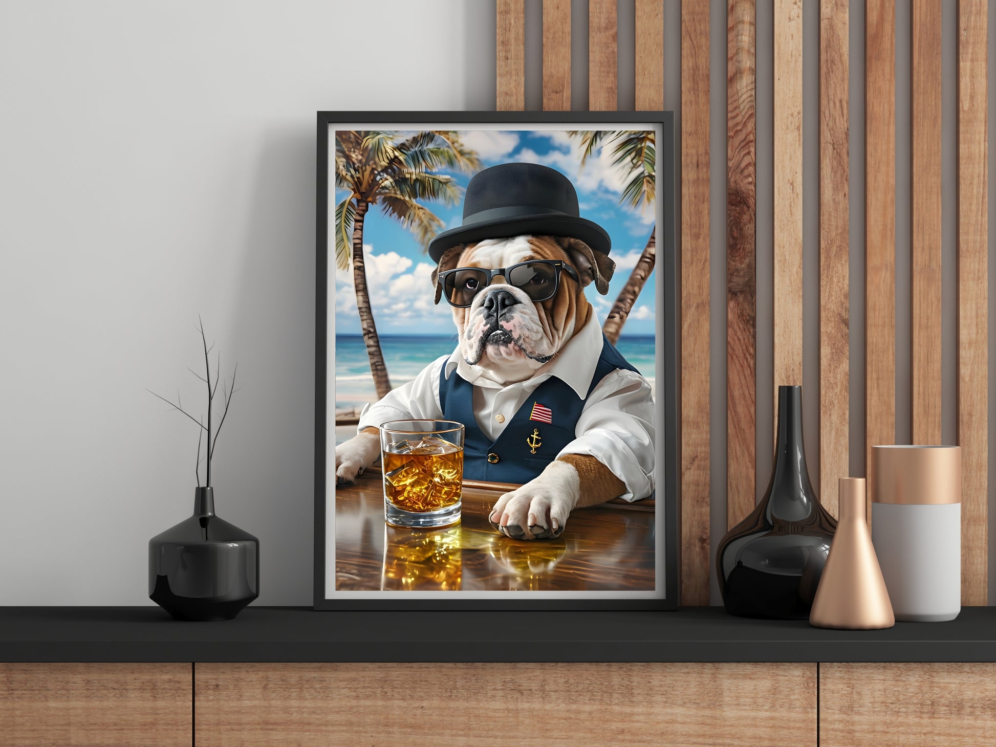 Framed artwork of a bulldog in formal attire with a drink, set against a beach scene.