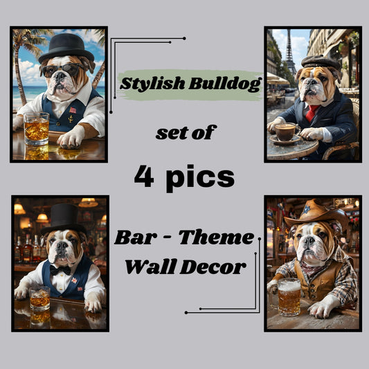 Set of 4 stylish bulldog art prints with a bar theme.


