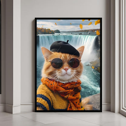 A funny framed art print of a cat wearing a sweater and hat, taking a selfie in front of Niagara Falls.