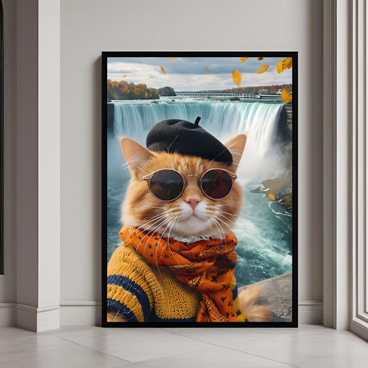 A funny framed art print of a cat wearing a sweater and hat, taking a selfie in front of Niagara Falls.
