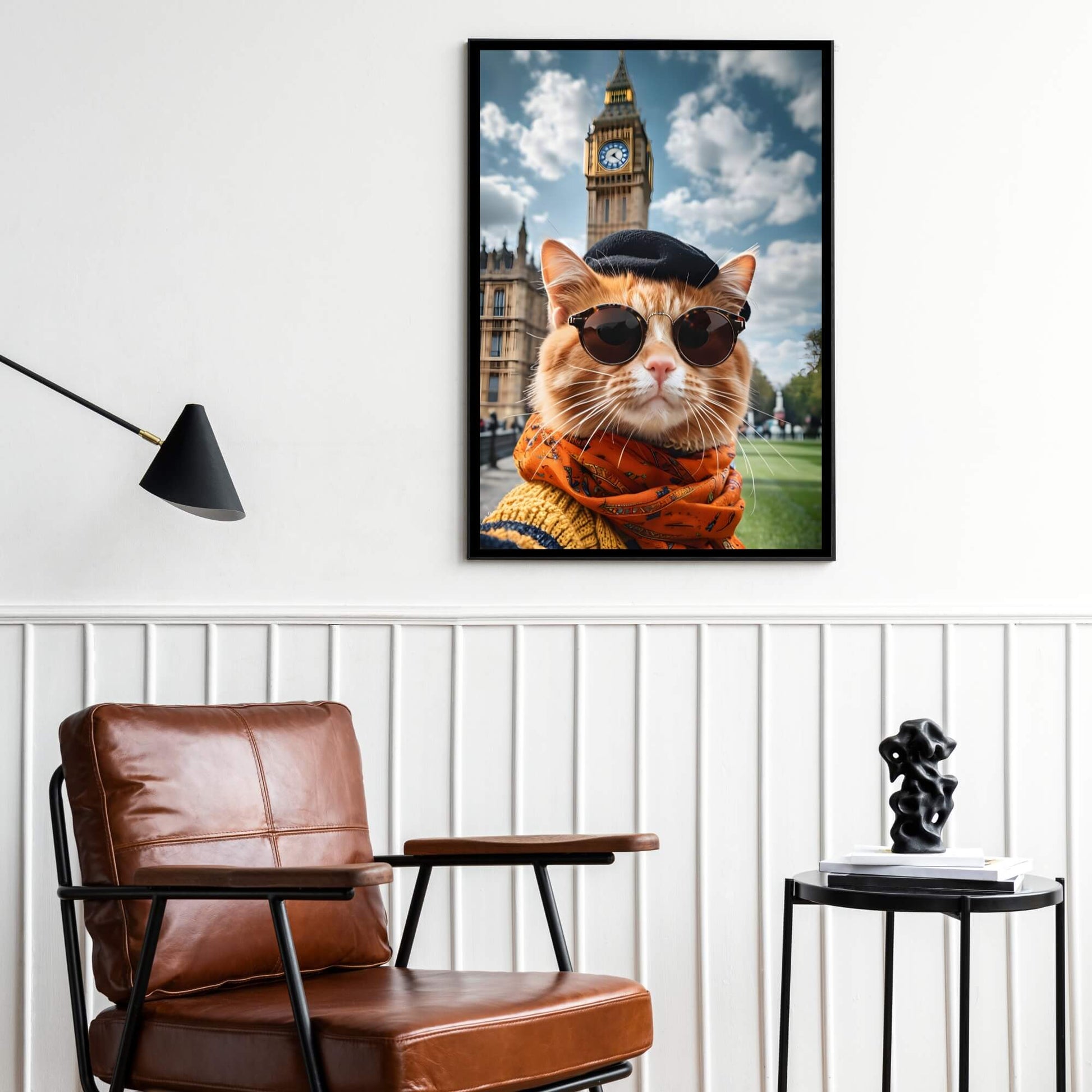 A high-quality print of a cute cat with sunglasses, posing for a selfie in front of the iconic Big Ben.