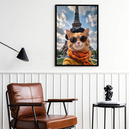 A high-quality print of a cute cat with sunglasses, posing for a selfie in front of the iconic Eiffel Tower.