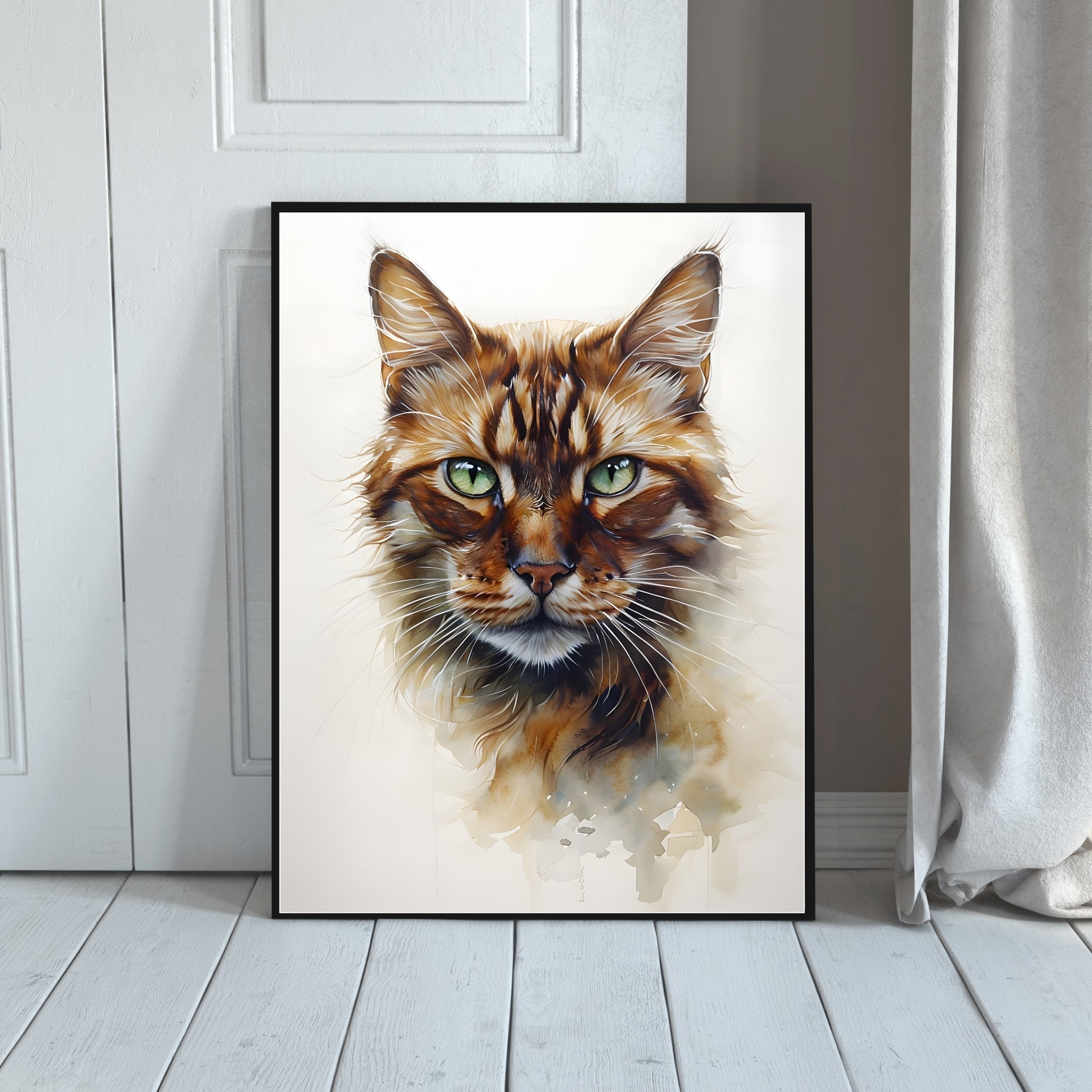 An expressive feline head with artistic watercolor drips

