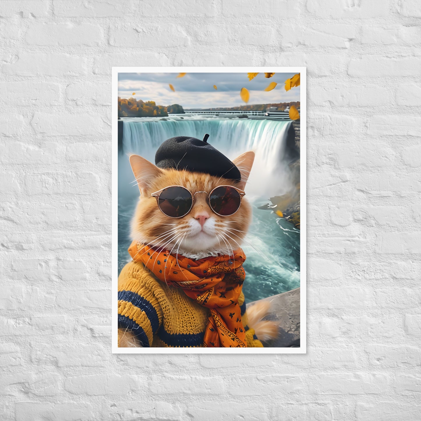 A close-up shot of the cat's face, showing its adorable expression and the details of its stylish outfit.