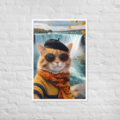 A close-up shot of the cat's face, showing its adorable expression and the details of its stylish outfit.