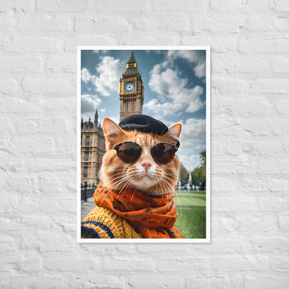 A close-up shot of the cat's face, showing its adorable expression and the details of its stylish outfit.