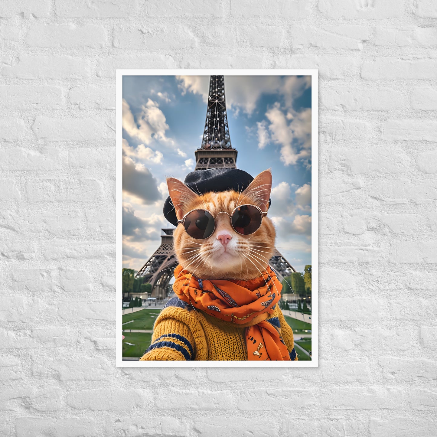 A close-up shot of the cat's face, showing its adorable expression and the details of its chic Parisian outfit.