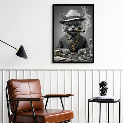 A portrait highlighting the cat's sharp pinstripe suit and classic fedora hat.