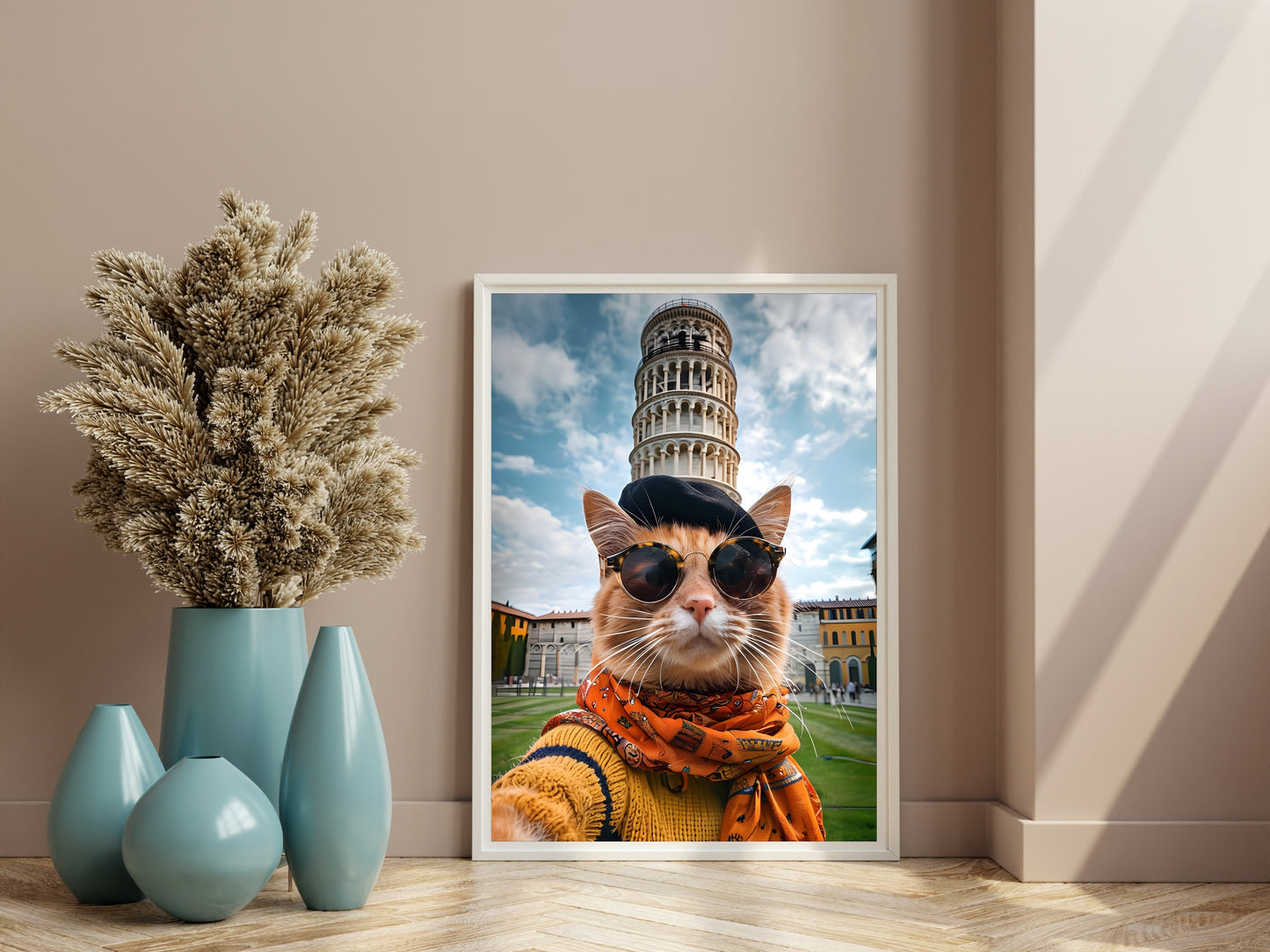 A ginger cat in a beret and scarf in front of the Leaning Tower.

