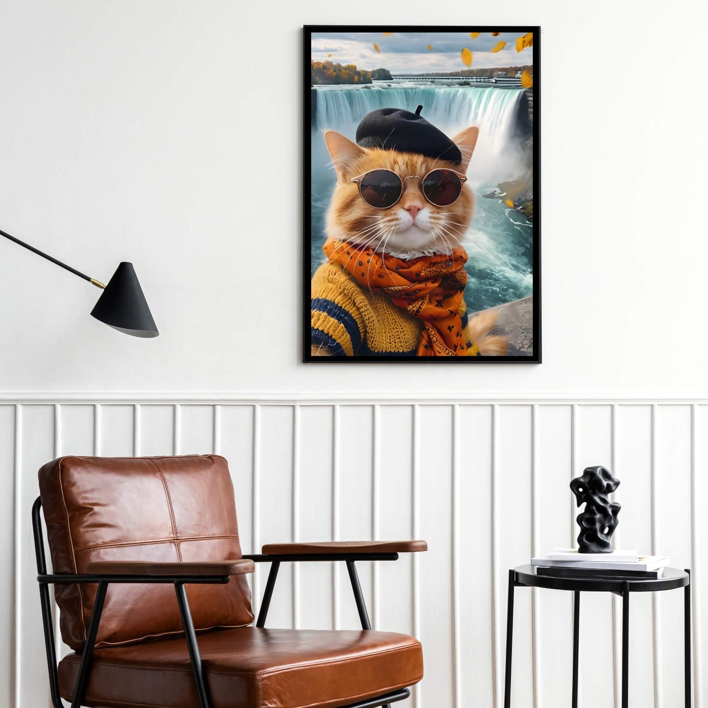 A high-quality art print of a cute cat with sunglasses, posing for a selfie at the iconic Niagara Falls in Canada.

