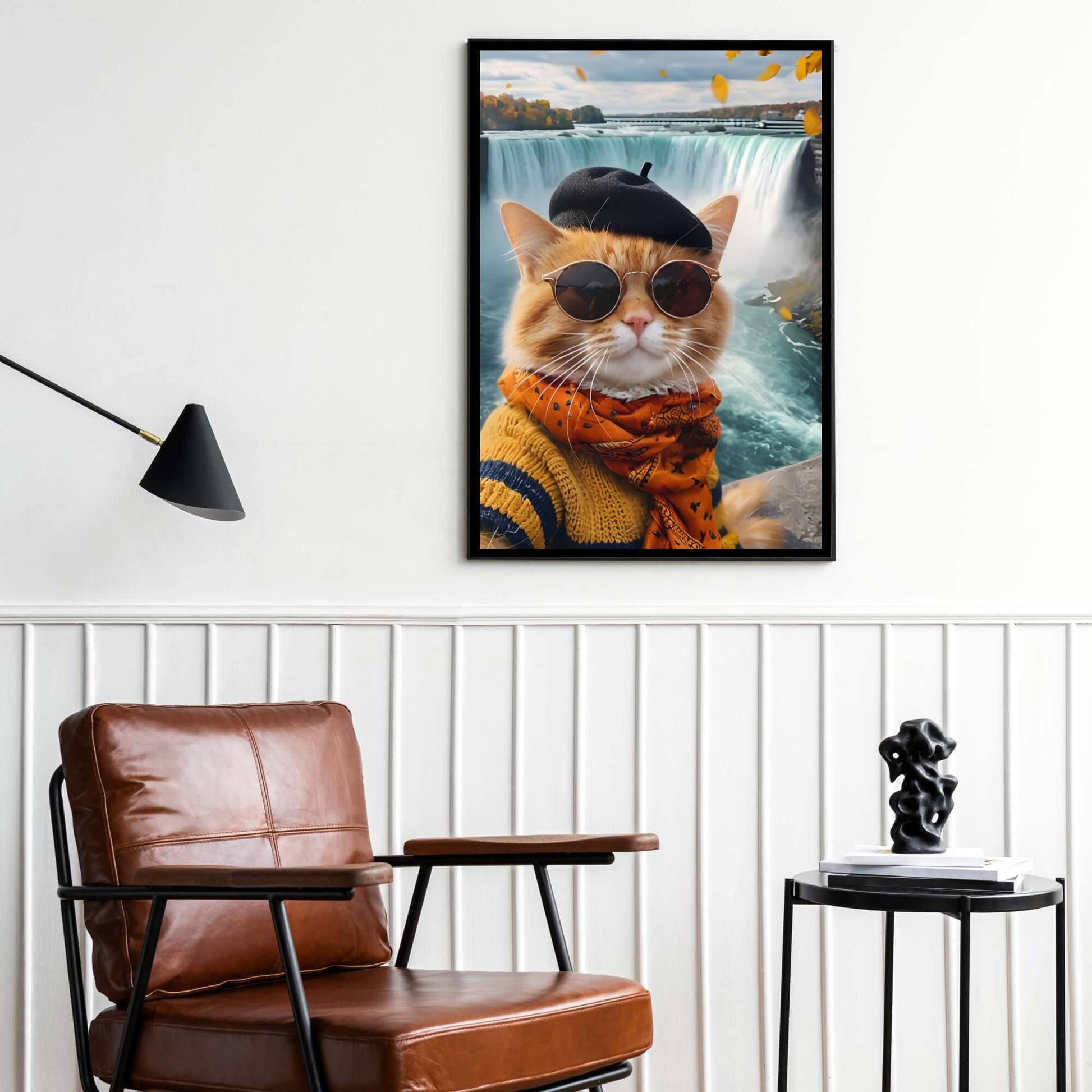 A high-quality art print of a cute cat with sunglasses, posing for a selfie at the iconic Niagara Falls in Canada.

