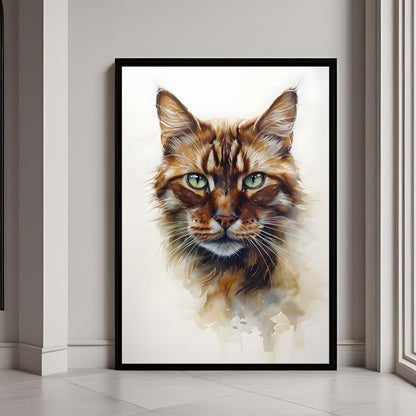 A watercolor portrait of a ginger cat with expressive green eyes

